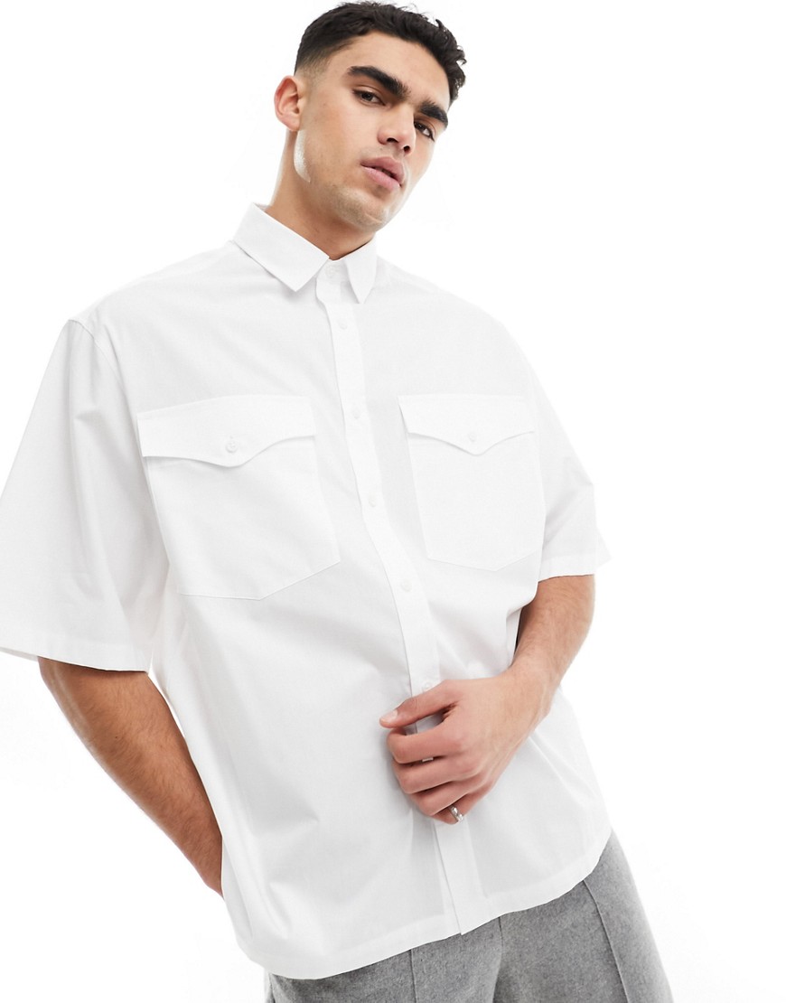 Asos Design Boxy Oversized Half Sleeve Shirt With Large Pockets In White