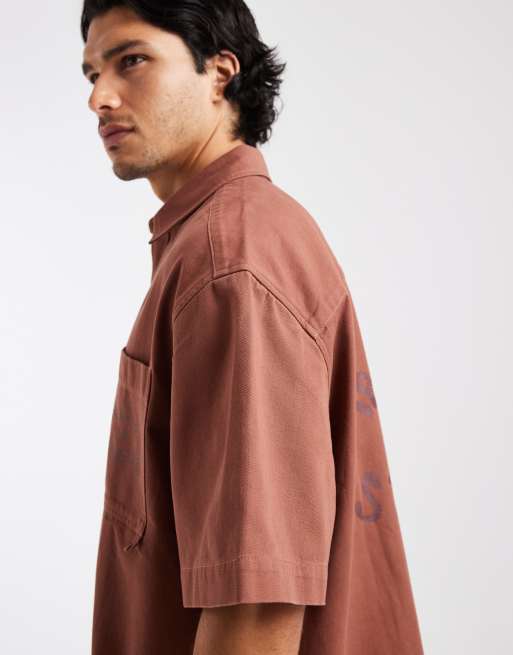 ASOS DESIGN boxy oversized half sleeve twill shirt with back print in brown, 3 of 5