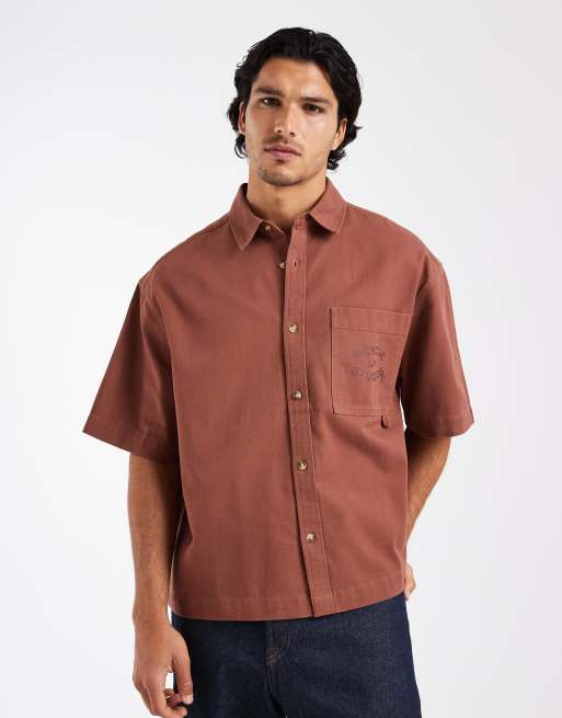 ASOS DESIGN boxy oversized half sleeve twill shirt with back print in brown, 4 of 5