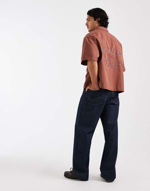 ASOS DESIGN boxy oversized half sleeve twill shirt with back print in brown, 5 of 5