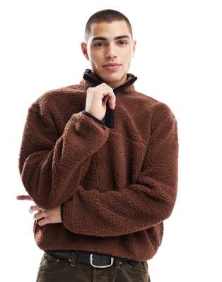 Asos Design Boxy Oversized Half Zip Borg Sweatshirt In Light Brown