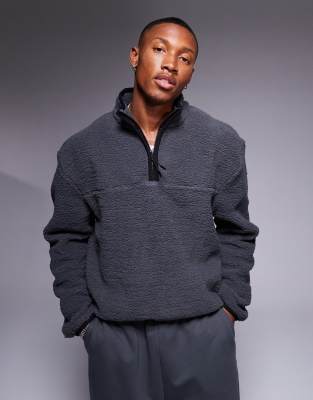 Asos Design Boxy Oversized Half Zip Borg Sweatshirt In Washed Black-gray In Gray