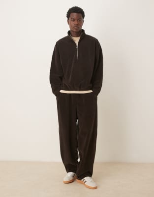 Asos Design Boxy Oversized Half Zip Ribbed Velour Track Jacket In Brown