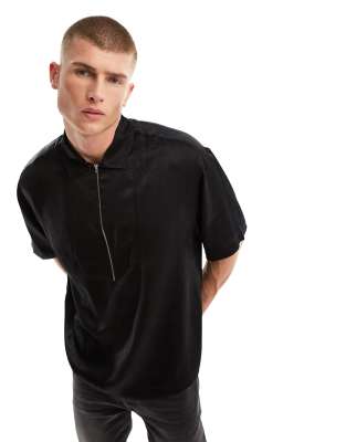 Asos Design Boxy Oversized Half Zip Sand Wash Satin Shirt In Black