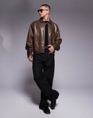 Asos Design Boxy Oversized Harrington Faux Leather Jacket