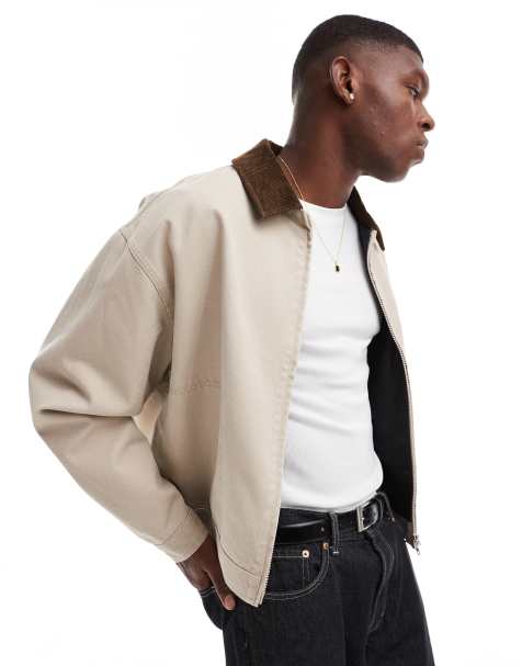 ASOS DESIGN boxy oversized harrington jacket in washed stone - view 1