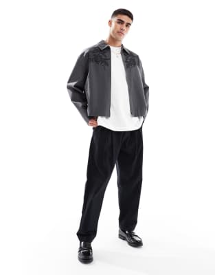 Asos Design Boxy Oversized Harrington Jacket With Chest Embroidery In Gray