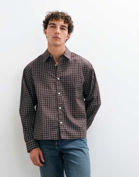 ASOS DESIGN boxy oversized Hemd mit Mikrokaro in Braun - view 1