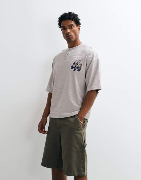 ASOS DESIGN boxy oversized henley t-shirt with LA embroidery in stone waffle fabric - view 1