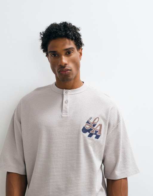 ASOS DESIGN boxy oversized henley t-shirt with LA embroidery in stone waffle fabric, 2 of 5