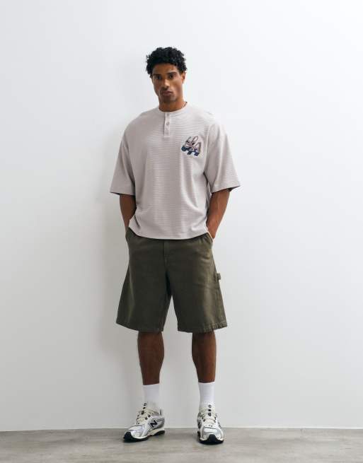 ASOS DESIGN boxy oversized henley t-shirt with LA embroidery in stone waffle fabric, 3 of 5