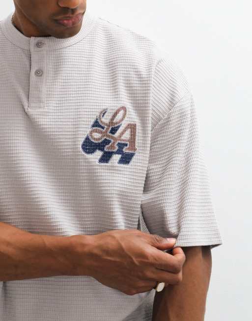 ASOS DESIGN boxy oversized henley t-shirt with LA embroidery in stone waffle fabric, 5 of 5