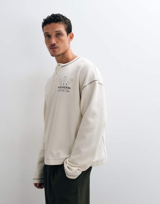 ASOS DESIGN boxy oversized henley t-shirt with print in cream waffle, 5 of 5