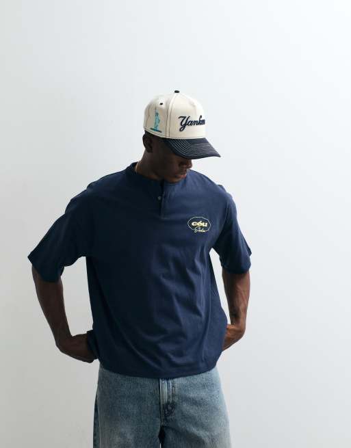 ASOS DESIGN boxy oversized henley t-shirt with text chest graphic in navy, 3 of 5