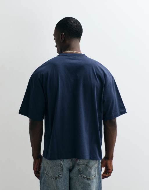 ASOS DESIGN boxy oversized henley t-shirt with text chest graphic in navy, 4 of 5