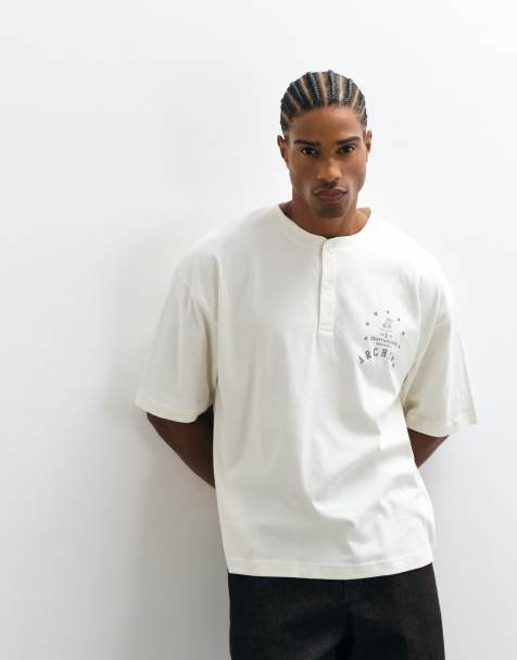 ASOS DESIGN boxy oversized henley t-shirt with text chest graphic in white - view 1