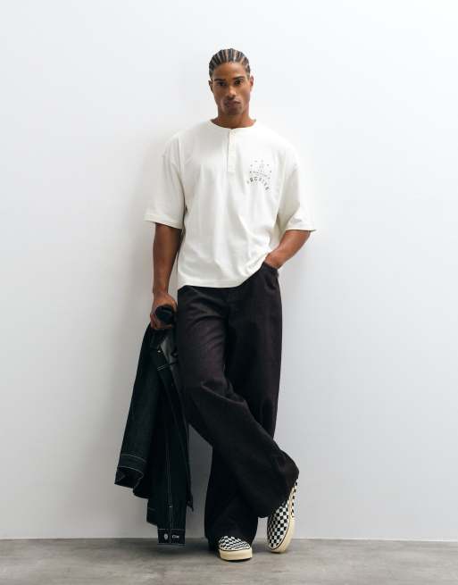 ASOS DESIGN boxy oversized henley t-shirt with text chest graphic in white, 2 of 5