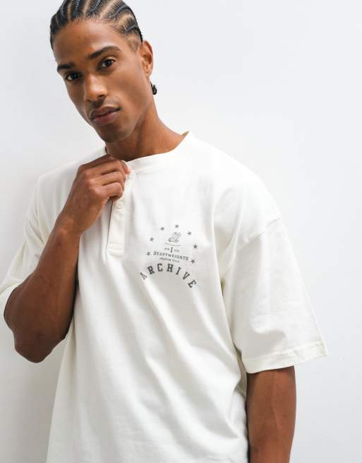 ASOS DESIGN boxy oversized henley t-shirt with text chest graphic in white, 3 of 5