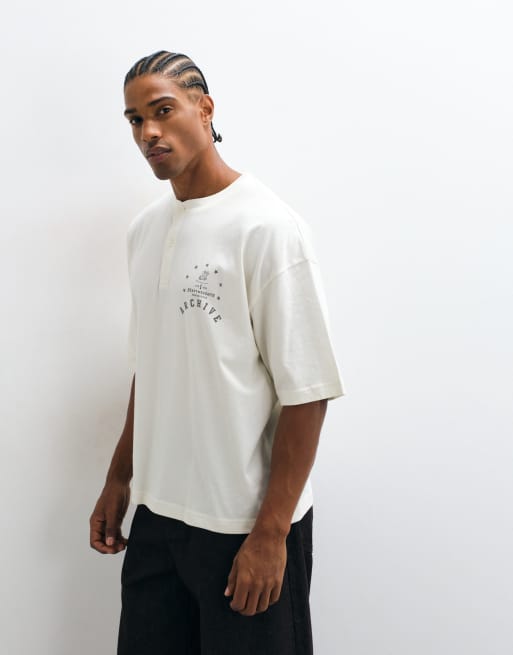ASOS DESIGN boxy oversized henley t-shirt with text chest graphic in white, 5 of 5