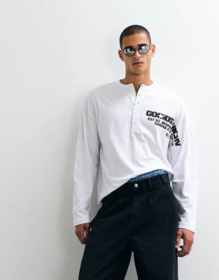 Asos Design Boxy Oversized Henley T-shirt With Text Graphic In Multi
