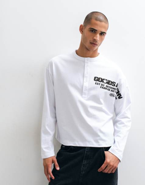 ASOS DESIGN boxy oversized henley t-shirt with text graphic in white - view 1