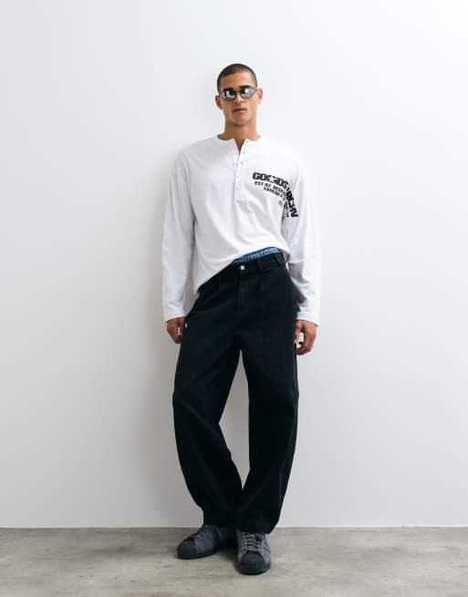 ASOS DESIGN boxy oversized henley t-shirt with text graphic in white, 3 of 5