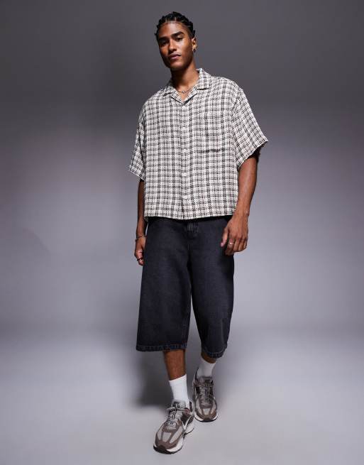 ASOS DESIGN boxy oversized herringbone plaid shirt in beige