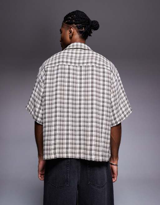 ASOS DESIGN boxy oversized herringbone plaid shirt in beige