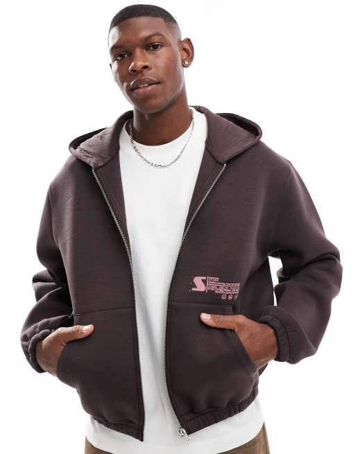 ASOS DESIGN - Boxy oversized hoodie met print en ritssluiting in bruin