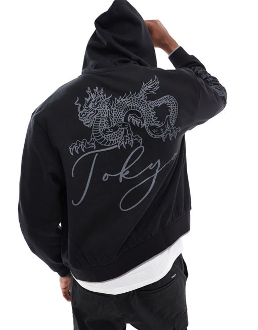 FhyzicsShops DESIGN - Boxy oversized hoodie met rits en drakenprint in zwart