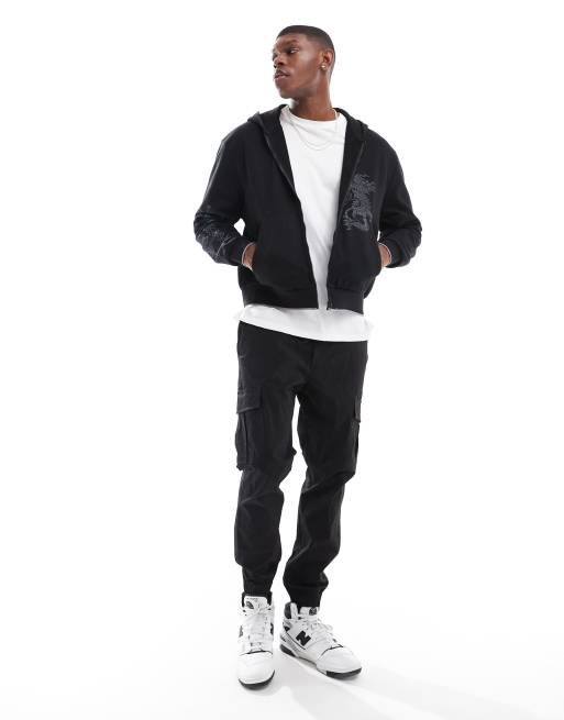 ASOS DESIGN - Boxy oversized hoodie met rits en drakenprint in zwart, 2 van 4