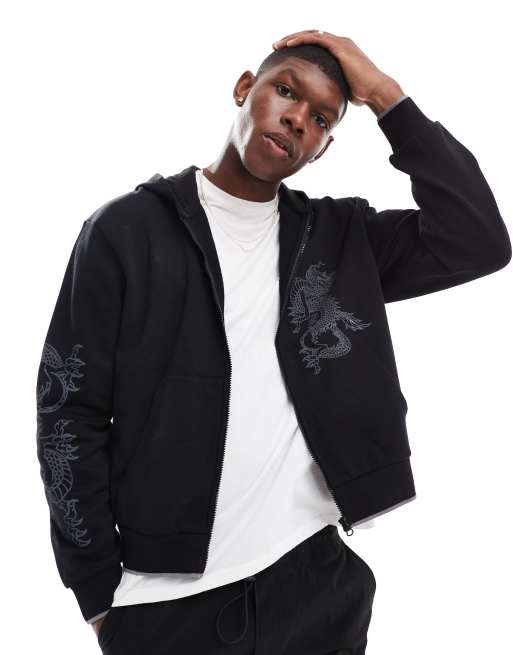 ASOS DESIGN - Boxy oversized hoodie met rits en drakenprint in zwart, 3 van 4