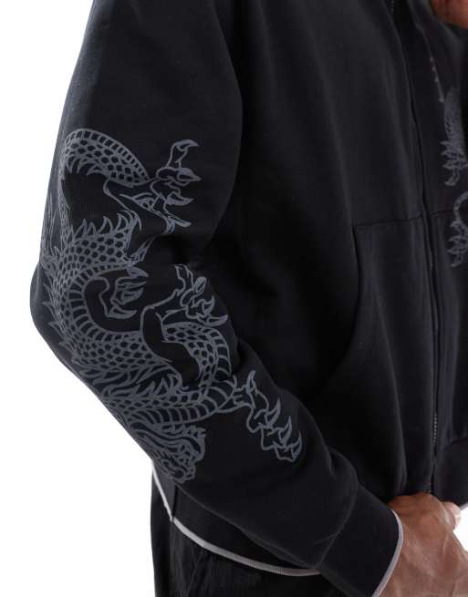 ASOS DESIGN - Boxy oversized hoodie met rits en drakenprint in zwart, 4 van 4