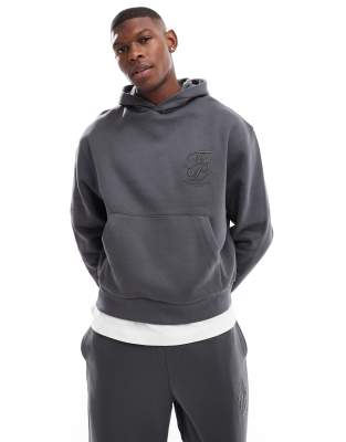 boxy oversized hoodie with high build embroidery print in charcoal-Gray