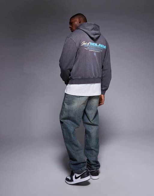 ASOS DESIGN boxy oversized hoodie with print in acid wash gray