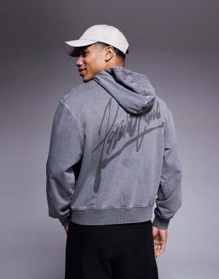 ASOS DESIGN boxy oversized hoodie with print in acid washed grey