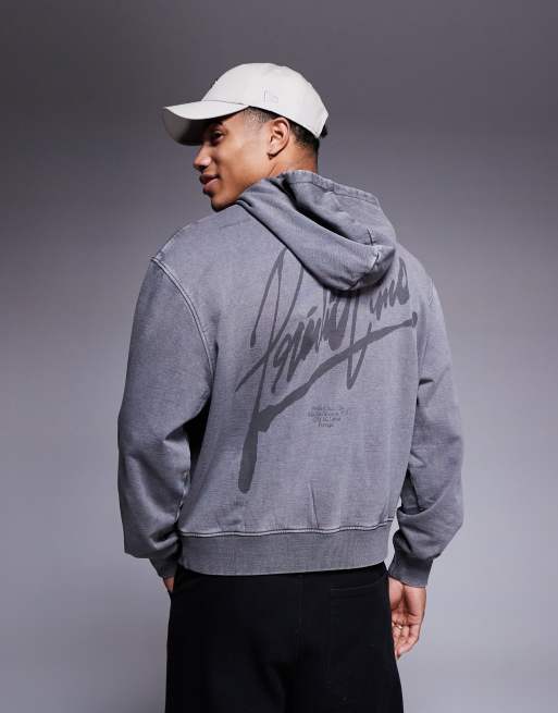ASOS DESIGN boxy oversized hoodie with print in acid washed grey