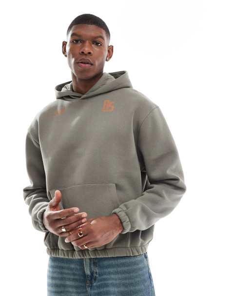 ASOS DESIGN boxy oversized hoodie with print in khaki - view 1
