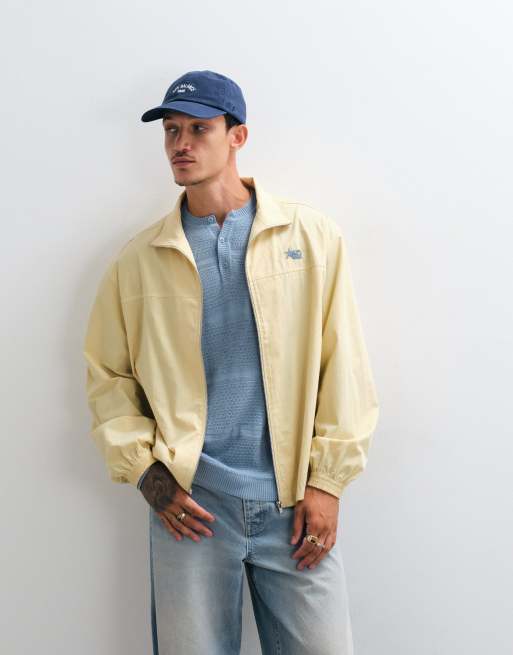 ASOS DESIGN boxy oversized jack met rits en opstaande kraag met borduursel op de borst in geel, 4 van 5