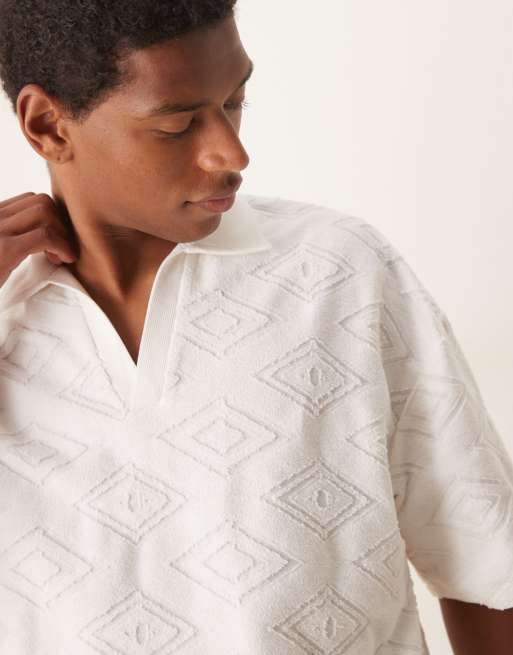 ASOS DESIGN boxy oversized jacquard polo in ecru - part of a set 