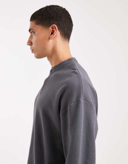 ASOS DESIGN boxy oversized langærmet henley-T-shirt i kulgrå waffle, 4 af 5