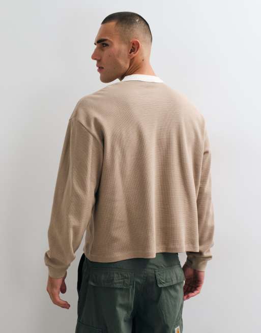 ASOS DESIGN boxy oversized langærmet Henley-T-shirt med kontrastkrave i beige vaffelstrik, 4 af 10