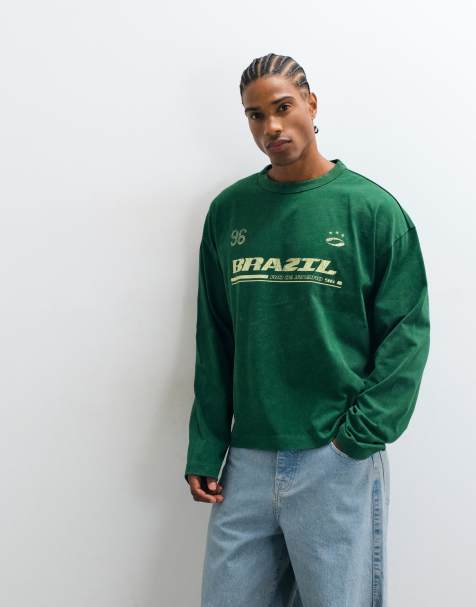 ASOS DESIGN boxy oversized langærmet T-shirt med Brazil-graphic i vasket grøn - view 1