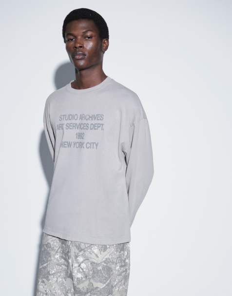 ASOS DESIGN boxy oversized langærmet T-shirt med tekstgrafik i beige - view 1