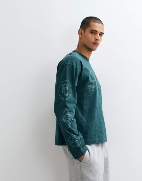 ASOS DESIGN boxy oversized langærmet T-shirt med tekstgrafik i grøn vask - view 1