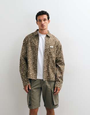 Asos Design Boxy Oversized Leopard Print Shirt-brown