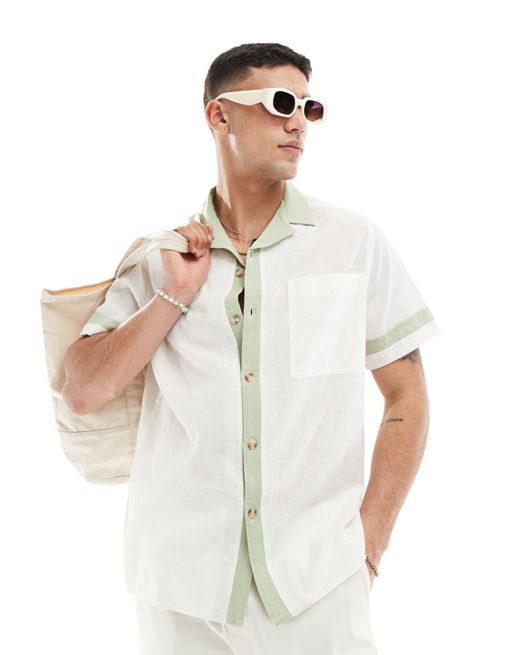 FhyzicsShops DESIGN boxy oversized linen blend camp collar shirt with contrast trim in white