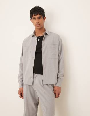 Asos Design Boxy Oversized Linen Blend Cropped Shirt In Gray