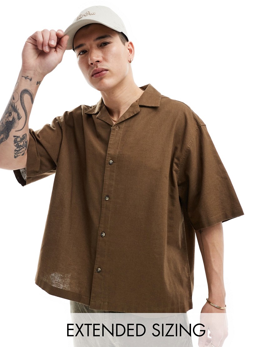 Asos Design Boxy Oversized Linen Blend Shirt With Camp Collar In Brown