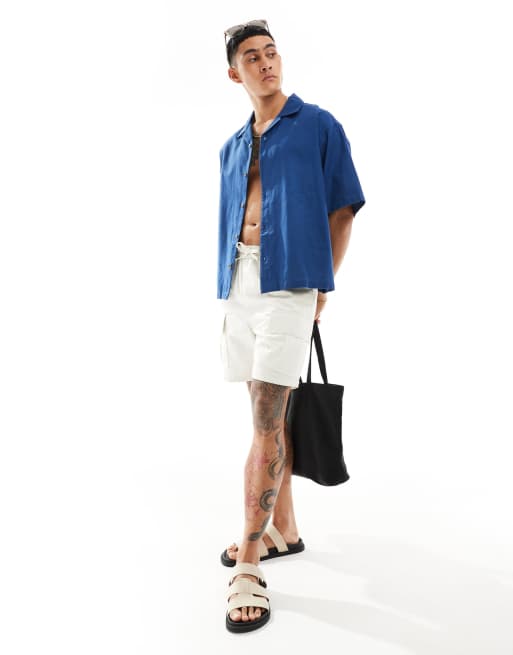 ASOS DESIGN boxy oversized linen blend shirt with camp collar in royal blue